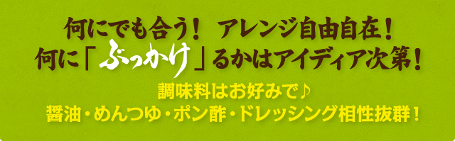 何にでも合う！ アレンジ自由自在！ 何に「ぶっかけ」るかはアイディア次第！ 調味料はお好みで♪ 醤油・めんつゆ・ポン酢・ドレッシング相性抜群！